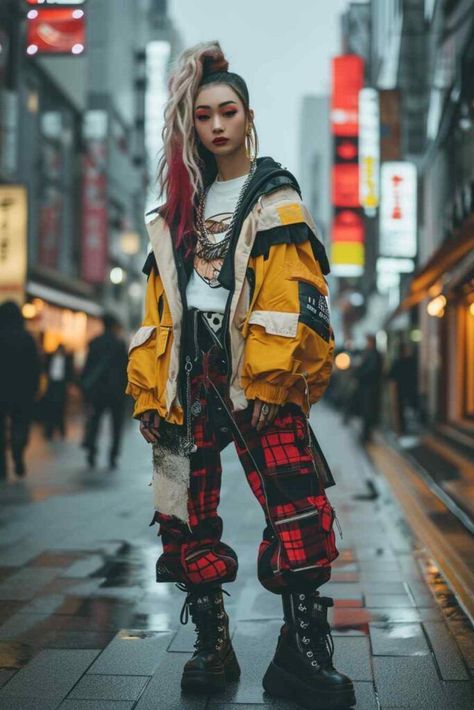 Neon Alt Outfits, Punk Preppy Style, Casual Cyberpunk Outfit, Cyberpunk Women Fashion, Big Jacket Outfits Street Style, Colorful Punk Fashion, Layered Fashion Street Style, Trend Fashion 2025, Street Racer Outfit