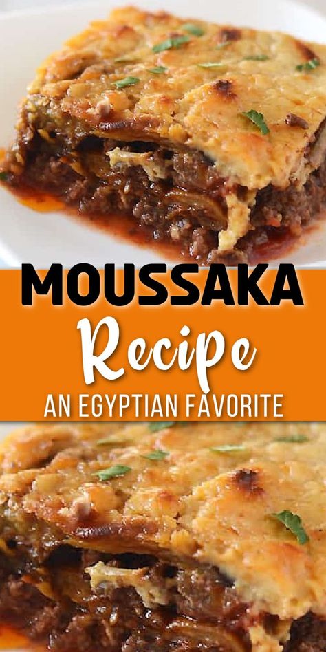 squares of ground beef and eggplant with a bechamel layer with Pinterest overlay. Mousaka Recipe Eggplant, Ninja Foodie Mediterranean, Cheap Middle Eastern Meals, Mousaka Recipe Egyptian, Healthy Moussaka Recipe, Arabic Eggplant Recipes, Mousaka Recipe Best, Egyptian Eggplant Recipe, Musaka Recipe Eggplant