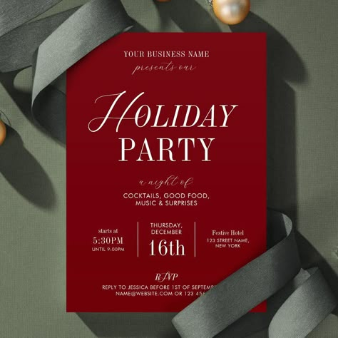 Enchanting Christmas party flyer design!  A festive red flyer, adorned with shimmering silver ribbon and ornaments, pops against a rich green background. Perfect for elegant Christmas celebrations.  Ideal for Christmas party invitations using fairy elegant fonts.
#FairyTypography #ad Elegant Christmas Invitations Design, Fancy Christmas Party Invitations, Formal Christmas Party Invitations, Christmas Gala Invitation, New Year Invitations, Work Christmas Party Invitations, Christmas Party Card Invitation, Christmas Invite Design, Christmas Dinner Party Invitations