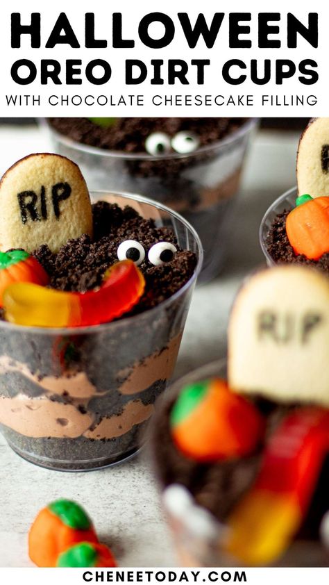 You'll love these Halloween dirt cups for kids or adults to enjoy! These Halloween dirt dessert cups are made with a no bake chocolate cheesecake filling and gummi worms and Milano tombstones for a spooky graveyard look! This Halloween dirt cups recipe is a fun and spooky treat! #halloweendesserts #dirtcups #halloweendirtcups #graveyardcups #halloweenideas #halloweenrecipes Halloween Dirt Cups For Kids, Dirt Cups For Kids, Dirt Dessert Cups, Halloween Deserts Recipes, Halloween Dirt Cake, Halloween Dirt Cups, Dirt Dessert Recipe, Worms And Dirt, Dirt Cake Cups