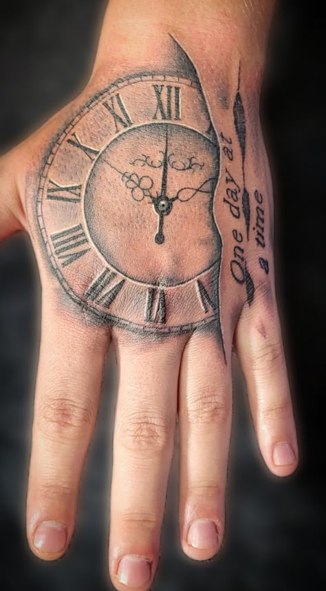 Tattoo Ideas On Hand For Man, Hand Clock Tattoo Design, Clock Tattoo Design For Men Hand, Clock Hand Tattoos For Guys, Clock Tattoo Design Hand, 777 Tattoo On Hand, Clock Hand Tattoo Stencil, Tattoo Themes Men, Clock Tattoo On Hand