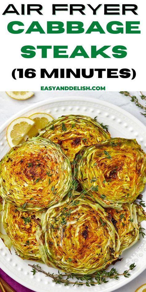 Cook these Air fryer cabbage steaks in just 16 minutes and have a delicious meatless meal on busy days. It is vegan and quite healthy! Air Fryer Cabbage, Fryer Cabbage, Grilled Cabbage Steaks, Air Fryer Recipes Pork, Cabbage Steaks Recipe, Grilled Cabbage, New Air Fryer Recipes, Air Fryer Recipes Snacks, Steak In Oven