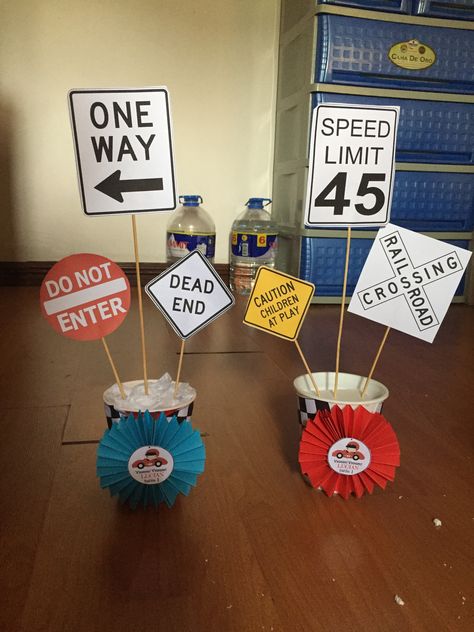 Race Car Party Centerpiece, Race Car Theme Party, Car Centerpieces, Car Theme Birthday, 66th Birthday, Cars Birthday Party Decorations, Car Birthday Party, Race Car Themes, Car Themed Parties