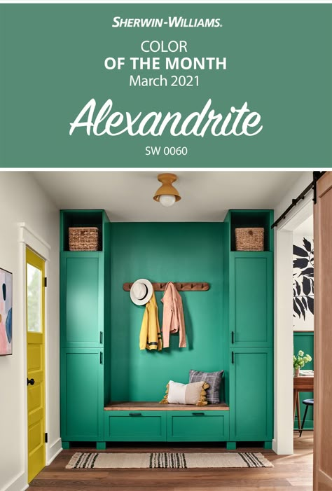 Introducing Sherwin-Williams March Color of the Month, Alexandrite SW 0060. Tap this pin for styling tips, complementary colors, and painting project inspiration. #sherwinwilliams #color #inspiration #colorinspiration #paint #decor #interiordesign #paintinspiration #cabinets #mudroom #green #builtins Alexandrite Paint Color, Sherwin Williams Alexandrite Paint, Interior Paint Door Colors, Sw Alexandrite, Alexandrite Sherwin Williams, Sherwin Williams Alexandrite, Bright Paint Colors For Living Room, Mudroom Green, Bright Green Paint Colors