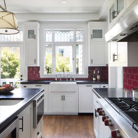 Burgundy Tile, Cabinet Kitchen Organization, Victorian Kitchens, Kitchen And Dining Room Ideas, Patterned Kitchen Tiles, Home Design Kitchen, Transitional Kitchen Design, Scandinavian Kitchen Design, Bold Kitchen