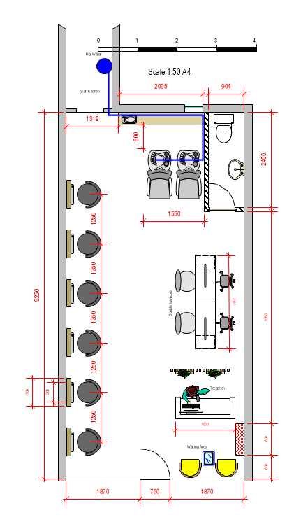 2D interior salon floor plan showing the ideal layout for a small beauty hairdressing salon.  Contact for more ++447415336002 #design #beauty #salonideas #salon #interior design Salon Plan Layout, Wallpaper For Beauty Salon, Salon Architecture Design, Small Hairdressing Salon Interior Design, Small Salon Floor Plan, Beauty Salon Layout Ideas Floor Plans, Trendy Salon Interior, Small Beauty Salon Design, Salon Blueprint Layout