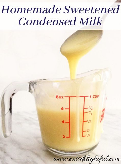 Sweetened condensed milk spooned into measuring cup Condensed Milk Recipes Easy, Condensed Milk Recipe, Homemade Sweetened Condensed Milk, Homemade Condensed Milk, Fudge Caramel, Sweetened Condensed Milk Recipes, Sweet Condensed Milk, Homemade Coffee Creamer, Homemade Pantry