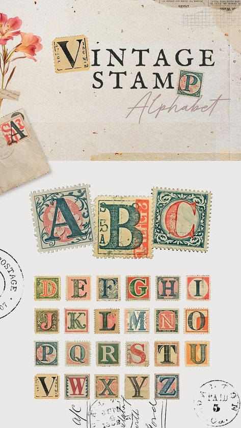 Vintage stamp alphabet Pinterest banner | premium image by rawpixel.com / Sasi Alphabet Stamps Ideas, Vintage Alphabet Fonts, Lettering Fonts Vintage, Fonts Combinations Canva, Free Vintage Fonts, Fonts To Draw, Pinterest Banner, Magic Font, Calligraphy Vintage