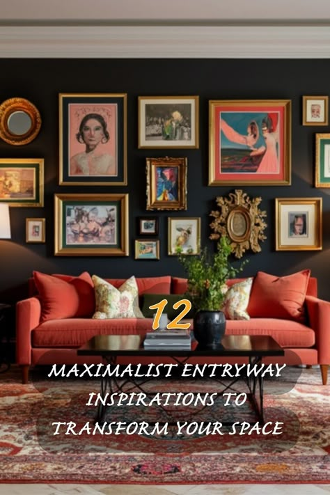 I love how this entryway combines vibrant colors and a variety of artwork to create an inviting atmosphere. The rich hues of the sofa paired with an eclectic gallery wall make a stunning focal point. Whether you're an art lover or just looking to spice up your space, these maximalist ideas will surely inspire you to transform your own entryway into a personalized haven. Eclectic Maximalism Wall Art, Styling A Long Wall, Classic Art Gallery Wall, Eclectic Buffet Styling, Gallery Wall Modern Art, Colored Gallery Wall, Art Wall Colorful, Eclectic Living Room Gallery Wall, Gallery Wall Ideas Maximalist