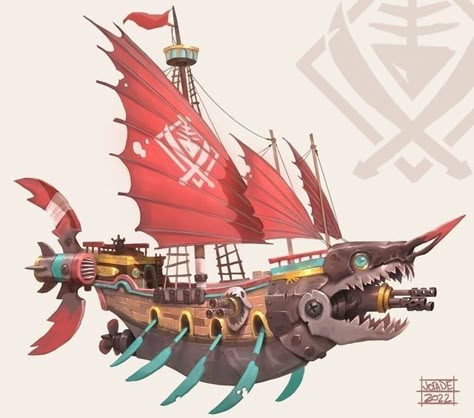 Cyberpunk Pirate Ship, Sky Pirate Ship, One Piece Boat Pirate Ships Oc, Futuristic Pirate Ship, Fantasy Pirate Ship Design, One Piece Ship Boat, Pirate Ship Concept Art, Fantasy Pirate Ship, Steampunk Pirate Ship