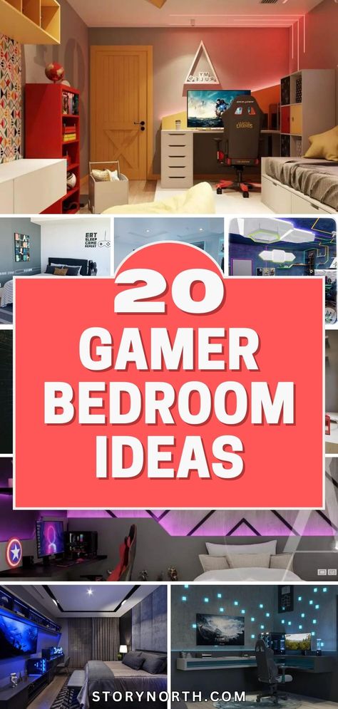 Save this pin for a gaming paradise in your own home! Discover 20 inspiring ideas to design your dream gamer bedroom. From epic wall decor to cozy gaming setups, level up your space today. #GamerBedroom #HomeDecorIdeas #DreamBedroom Teenage Gamer Boy Room Ideas, Game Theme Bedroom, Gamers Apartment, Boy Gamer Bedroom Ideas, Bedroom Ideas For Gamers, Gamer Room Ideas Boy Bedrooms, Boys Bedroom Game, Boys Gamer Bedroom Ideas, Gaming Bedroom Ideas Boys