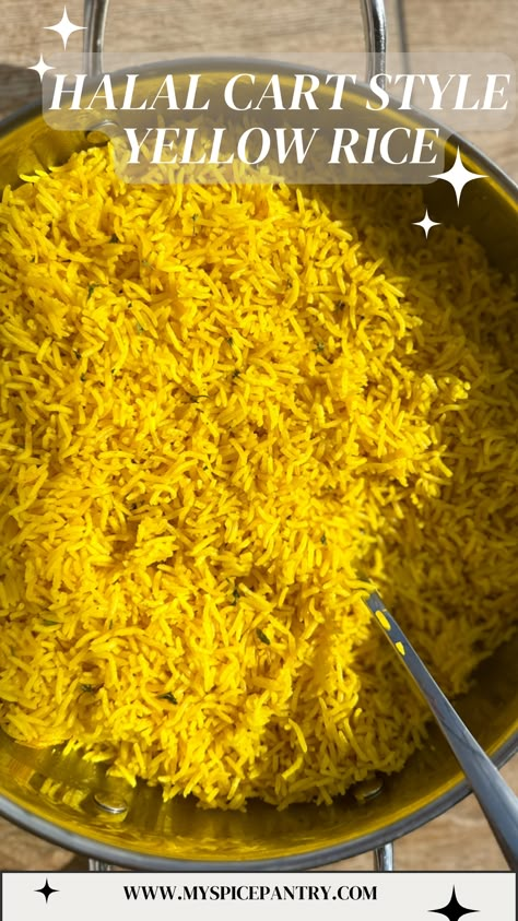 Halal Cart Rice, Basmati Yellow Rice Recipe, Yellow Basmati Rice Recipes, Yellow Greek Rice, Spiced Basmati Rice, Seasoned Yellow Rice, Lebanese Yellow Rice, Arab Rice Recipe, Yellow Rice Mediterranean