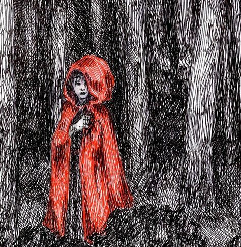 Fear's Uncloaking - Little Red Riding Hood fine art print Emphasis Art, Emphasis In Art, Red Riding Hood Art, Contrast Art, Interesting Drawings, Fine Writing Instruments, Principles Of Art, Cross Hatching, Art Elements