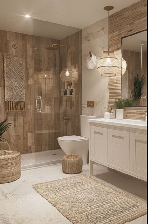 Ibiza Style Bathroom Ideas, White And Wood Ensuite, Main Suite Bathroom, Ibiza Bathroom Ideas, Ibiza Interior Design, Baño Aesthetic, Mediterranean Bathroom Design Ideas, Bohemian Bathroom Ideas, Bohemian Bathroom Decor