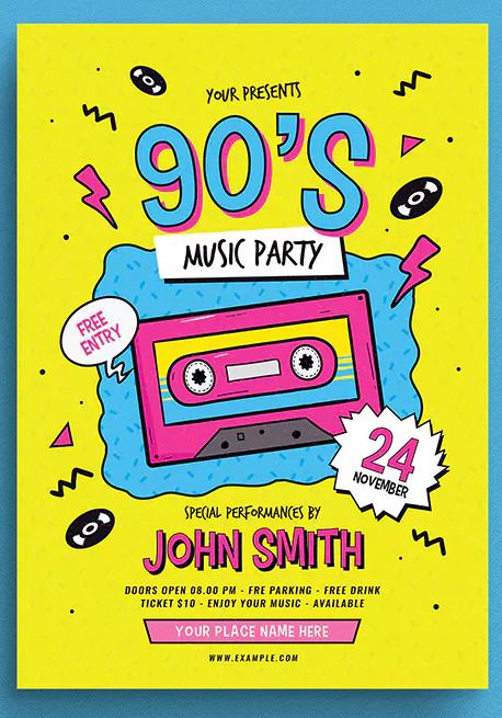 90s Music Party Flyer Template AI, PSD - A4 Size. Download Paint Template, Aesthetic Paint, 90s Graphic Design, 90's Aesthetic, 90s Design, Desain Editorial, Party Flyer Template, Graphic Design Flyer, 90s Theme