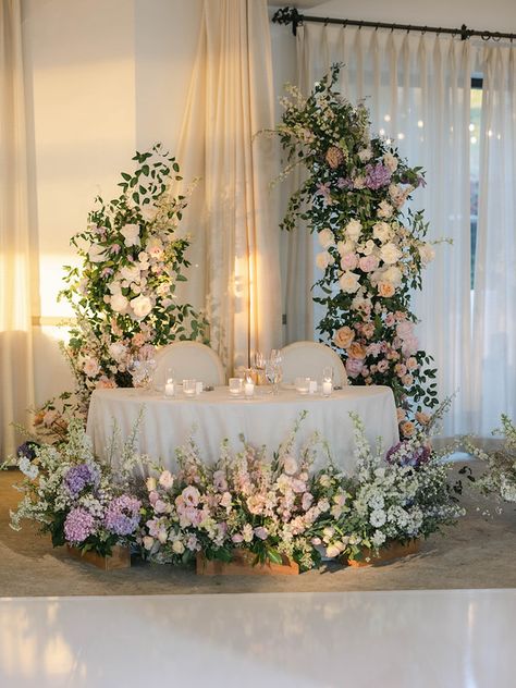 This photo hosted by SmugMug; your photos look better here. Flower Sweetheart Table Wedding, Florals For Sweetheart Table, Flower Reception Decoration, Bridal Table Arrangement, Romantic Themed Wedding, Stage Flowers Wedding, Flower Decor For Wedding, Wedding Decoration Inspiration, Pink Rose Wedding Theme