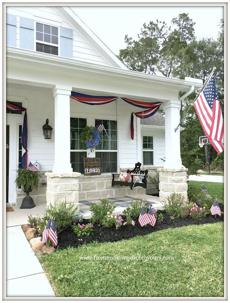 Farmhouse-Fourth of July-Patriotic Front Porch-From My Front Porch To Yours White Farmhouse Front Porch, Flag On Porch, Porch Bunting, Patriotic Porch Ideas, Fourth Of July Front Porch, Front Porch With Rocking Chairs, Porch With Rocking Chairs, Patriotic Front Porch Decor, Patriotic Porch Decor