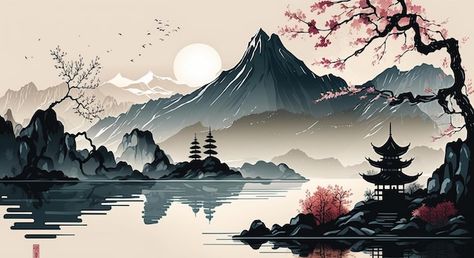 Photo a painting of a mountain landscape... | Premium Photo #Freepik #photo Mountain Background Landscape, Japanese Tapestry, Mural Bedroom, Ink Landscape, Japanese Background, Landscape Sunrise, Japanese Mountains, Mountain Aesthetic, Pc Wallpapers