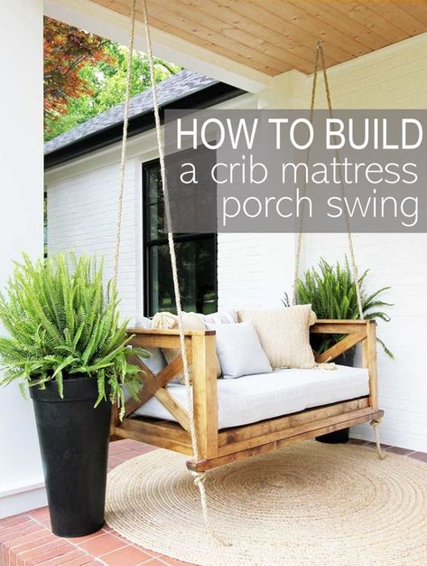 Crib Mattress Porch Swing, Diy Crib Mattress, Diy Porch Swing Bed, Bed Swings, Porch Swing Plans, Porch Bed, Diy Porch Swing, Front Porch Swing, Porch Swing Bed