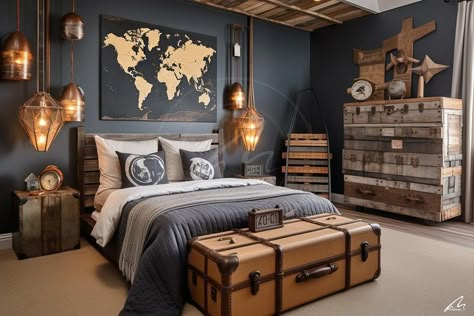 "Bedroom Design" #bedroomideas #retrointeriors #creativeinterior #mahdiseño #interiorarchitect #uniquebedroom Traveler Room Decor, Travel Bedroom Aesthetic, Vintage Nautical Bedroom, Titanic Bedroom, Trending Bedroom Ideas, Boys Industrial Bedroom, Fireplace Headboard, Bedroom Mural Ideas, Goblincore Bedroom