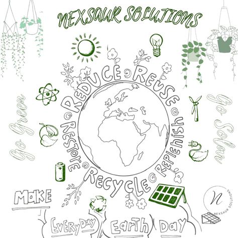 Nexsaur Solutions bring this to encourage people to use 5R's - Reduce, Reuse, Replenish, Recycle, Restore to save the earth and plant more trees to balance the ecosystem and minimize the pollution level. From now onwards on your every purchase we plant a tree for you and making your contribution to save this planet earth. 
Go green-Go solar 
Generate your own green energy with nexsaur solutions Earth Day Doodles, Poster Drawing, Simple Doodles, Solar Panel, Earth Day, Go Green, Doodle Art, Solar Panels, Easy Drawings