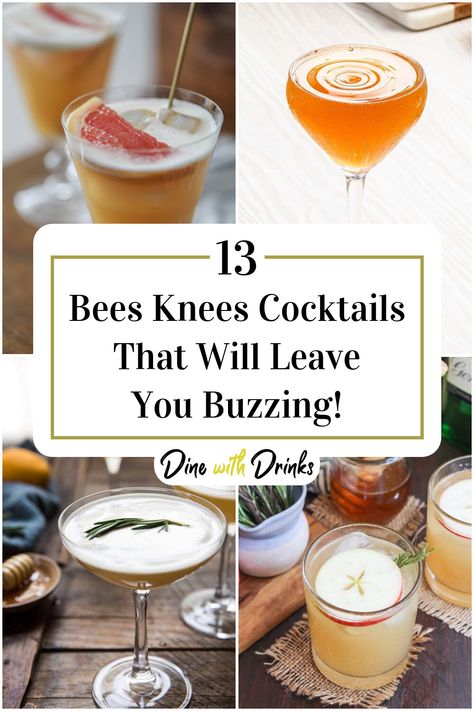 Collage of 4 bees knees cocktails. Bourbon Bees Knees Cocktail, Bee Knees Cocktail, The Bees Knees Cocktail, Bee’s Knees Cocktail, Bees Knees Cocktail Recipe, Bees Knees Drink, Bees Knees Cocktail, Adult Beverages Recipes, Drinks Smoothies