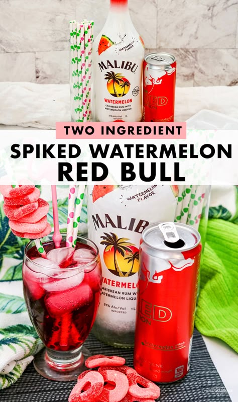 Spiked Watermelon Red Bull Cocktail - Love and Marriage Easy Red Drinks Alcohol, Redbull Drink Recipes Alcohol, Watermelon Mixed Drinks Alcohol, Watermelon Red Bull Cocktails, Alcoholic Drinks With Redbull, Red Bull Vodka Drinks, Alcohol Drinks With Red Bull, Red Bull Drinks Cocktails, Cocktails With Red Bull