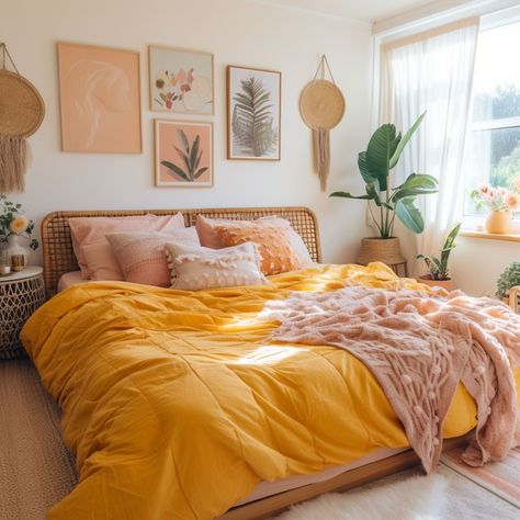 8 Colors That Go Well With Peach - Rhythm of the Home Yellow Bedspread Room, Orange Pink Room Aesthetic, Pink Yellow Orange Bedroom, Orange And Pink Interior, Mustard Yellow And Pink Bedroom, Sunset Bedroom Ideas, Neutral Room With Pop Of Color, Peach Room Aesthetic, Minimalist Colorful Bedroom