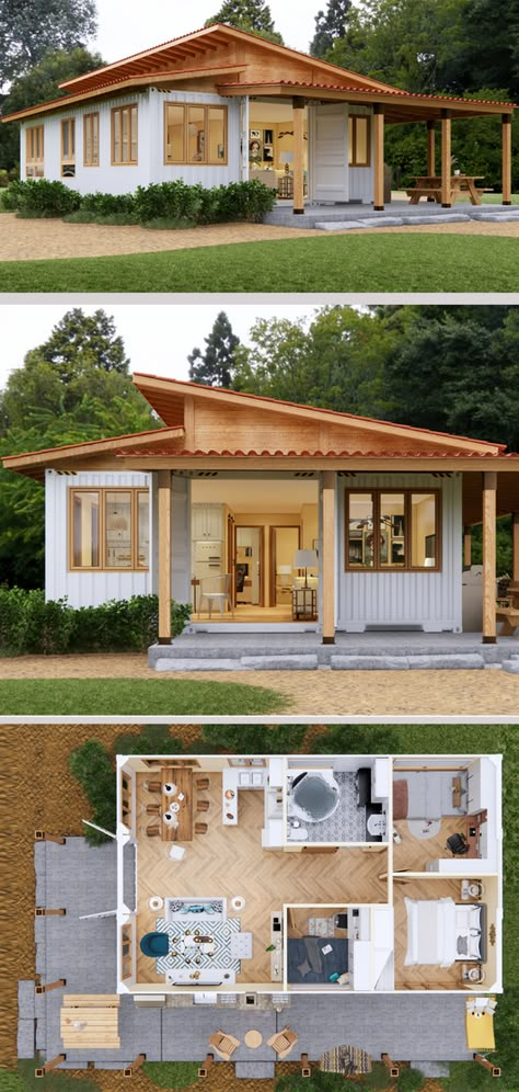 Wonderful 3 Bedroom Container House Design with Three 40 ft High Cube Shipping Containers Tropical Container House, Container House Design 3 Bedrooms, 3 Bedroom Container Home, Romania House, 3 Bedroom Tiny House Plans, Small Concrete House, 40ft Container House, Agro Tourism, Mini House Plans