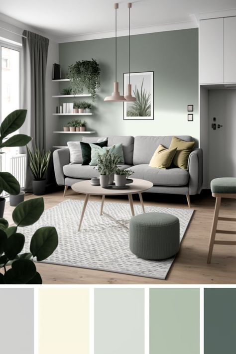 Colour Combination In Living Room, Green With Gray Living Room, Interior Ideas For Living Room, Home Interior Color Ideas Paint Colours, Gray Green Living Room Walls, House Interior Ideas Living Rooms, Green Wall Grey Couch, Small Green Living Room Ideas, Gray And Green Living Room Ideas