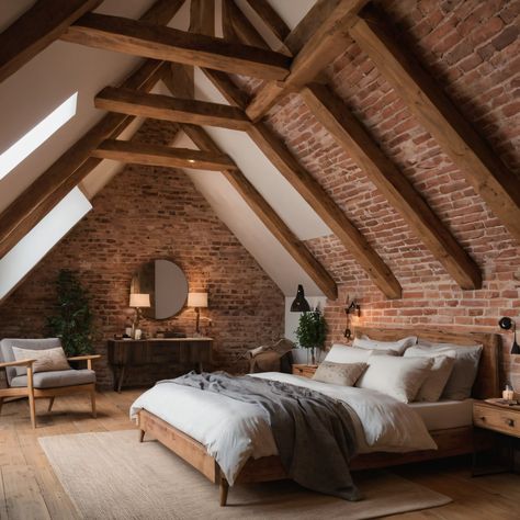 A cozy rustic attic bedroom with exposed brick walls, wooden beams, and a soft, warm color palette for a comfortable and charming space. #AtticBedroom #Rustic #ExposedBrick #WoodenBeams #WarmPalette Country Loft Bedroom, Exposed Beam Bedroom, Bedroom With Exposed Beams, Loft Attic Bedroom, Upstairs Loft Bedroom Master Suite, Cosy Loft Bedroom, Short Ceiling Bedroom Ideas, Unfinished Attic Ideas, Red Brick Bedroom