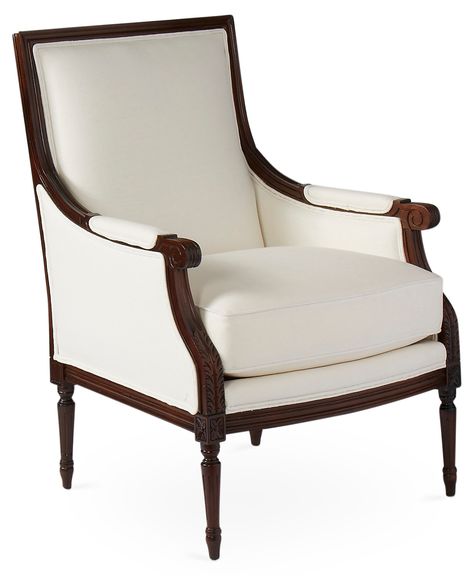 Exclusive to One Kings Lane: This accent chair showcases a masterfully carved Italian beech wood frame with linen upholstery and padded manchettes. We love the contrast of the wood's dark finish... Neutral Traditional Living Room, Designer Accent Chairs, Spanish Mission, Affordable Sofa, French Country Furniture, Classic Armchair, Luxury Chairs, Chair White, Country Furniture