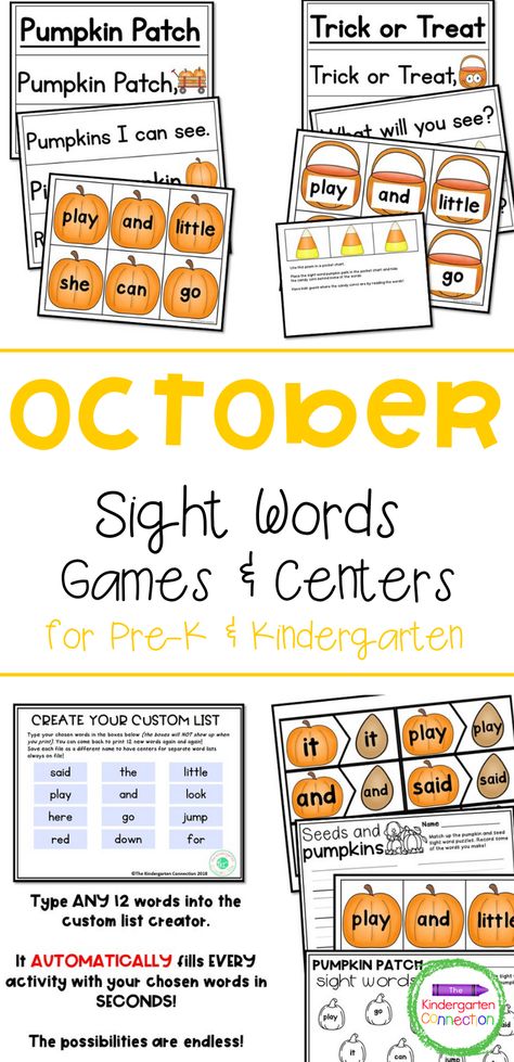 This pack has 8 fun sight word activities that will boost learning and engagement in your October literacy centers! Perfect for fall, pumpkin, and Halloween Kindergarten literacy centers. These sight word games can be used with ANY word list, so make sure to add them to your fall lessons plans! Halloween Literacy Centers, Punctuation Activities, Kindergarten Literacy Centers, Fall Kindergarten Activities, Halloween Literacy, Fall Lesson Plans, Sight Word Centers, Halloween Kindergarten, Fluency Passages