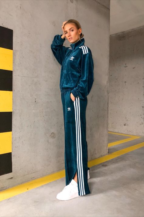 adidas velour track suit - styled by you. Tracksuit Outfit Adidas, Women Tracksuit Outfit, Tracksuit Outfit Women, Track Suit Outfit, Adidas Street Style, Track Suits Women, Looks Adidas, Indian Blouse Designs, Outfit Adidas