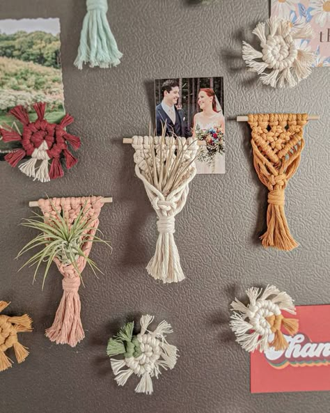 Fun Macrame Projects, Macrame Best Sellers, Macrame Fridge Magnet, Small Macrame Gifts, Macrame Small Projects, Macrame Magnets, Unique Macrame Ideas, Air Plant Macrame, Macrame Magnet