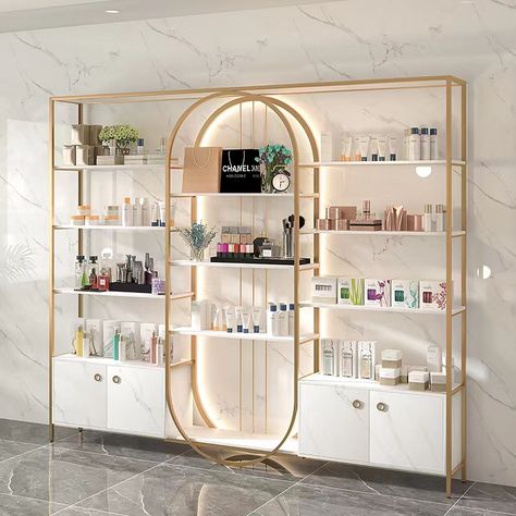 Wall Showcase Design, Salon Shelves, Cosmetics Display Stand, Nail Salon Interior, Retail Store Interior Design, Salon Suites Decor, Store Concept, Pharmacy Design, Retail Store Interior