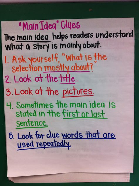 SL.2.2 Recount or describe key ideas or  details from a text read aloud or information presented orally or through other media.  Anchor chart (main idea) Main Idea Anchor Chart, Reading Main Idea, Classroom Anchor Charts, Reading Anchor Charts, 4th Grade Reading, Teaching Language Arts, 3rd Grade Reading, Teaching Ela, 2nd Grade Reading