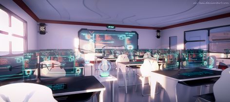 Futuristic School, Futuristic Office, Sci Fi Wallpaper, Anime Places, Anime Classroom, Sci Fi Anime, Episode Backgrounds, Sci Fi City, Futuristic Interior