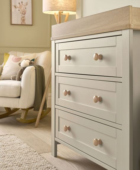 Our two-tone Wedmore furniture range will look the part in your little one’s nursery. Designed and developed in-house at Mamas & Papas, this collection has plenty of clever storage solutions and is finished with classic soft rounded edges and wood effect accents. Our Wedmore furniture range includes 3 pieces of Wedmore furniture in our new shade, Pebble Grey. Includes convertible cotbed, wardrobe and dresser/changer in our new shade Pebble Grey. Cotbed converts easily to toddler bed, allowing you to use from newborn right through until around 4 years. Dresser with removeable changing top, allowing you to continue to use this dresser for years, beyond the nursery. With three deep drawers for great storage. Wardrobe with full-sized hanging space and removeable rail, so you can continue to us Beige Interiors, Dresser Changer, Nursery Dresser, Mattress Buying, Nursery Modern, Comfort Gray, Prams And Pushchairs, Beige Interior, Mattress Dimensions