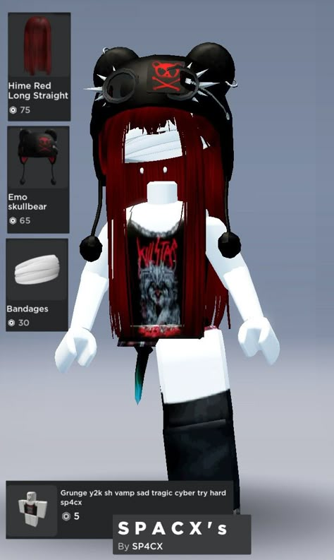 Roblox Outfit Ideas Codes Grunge, Red Head Roblox Avatar, Halloween Roblox Avatar Y2k, Roblox Y2k Outfits Without Headless, Red And Black Roblox Outfit Codes, Roblox Black Outfits, Roblox Alt Outfits, Roblox Korblox Outfits, Vamp Roblox Avatars