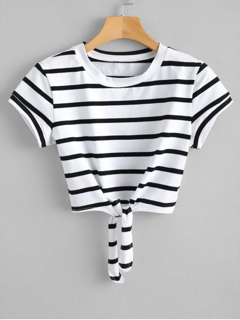 Cropped Tied Stripes Top. You' ll never want to take off this super comfy and chic stripes top with a cropped fit. It features a cute tie design on the hem in a stretchy, slim-fit silhouette. Don' t miss it, just pair it with some high waisted denims for going out.  #zaful #tops #outfits Tee Shirts For Women, Stripes Top, Tie Design, Crop Top Shirts, Striped Crop Top, Dressy Tops, Really Cute Outfits, Boho Tops, Cute Tops