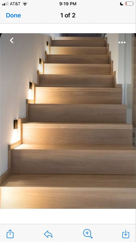 Stair Lighting Wall, Lighting At Staircase, Lights Up The Stairs, Light At Bottom Of Stairs, Light On The Stairs, Stair Area Wall Design, Wall Lights For Staircase, Stairs Lighting Ideas Wall, Spotlights On Stairs