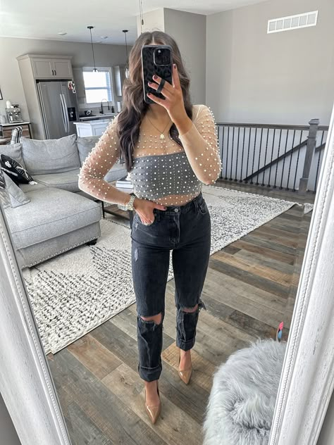 Crop Top Night Out Outfit, Date Night Outfit Bar, Black Sheer Top Outfit Jeans, All Black Bridal Shower Outfit, Jeans And Blouse Outfit Night Out, Jeans Outfit Night Out Winter, New Year’s Eve Nashville Outfit, Black Jeans Outfit Date Night, Lounge Bar Outfit Night