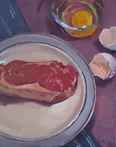 Daily Paintworks - "Steak and Eggs meat painting still life beef food kitchen art" - Original Fine Art for Sale - © Sarah Sedwick Meat Painting, Steak And Wine, Sarah Sedwick, Animal Tissue, Paint Still Life, Meat Art, Meat Love, Still Life Composition, Meat Restaurant