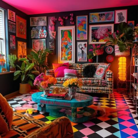 Colorful Maximalist Home Decor, Neat Maximalist, Electric Maximalist Decor, Opulent Interior Design, Wall Art Maximalist, Whimsy Decor Interior Design, Maximalist Loft Apartment, Maximalist Lounge Room, Maximalist Jungle Decor