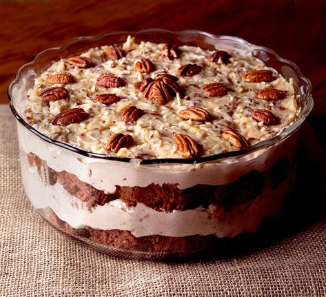 German Chocolate Cake Trifle German Chocolate Trifle, Chocolate Cake Trifle, Trifle Bowl Recipes, Cake Trifle, Trifle Dessert Recipes, German Chocolate Cake Recipe, Trifle Recipes, Chocolate Trifle, Trifle Bowl