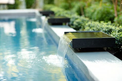 Asian Inspired Lap Pool with Contemporary Water Features — Marcia Fryer Landscape Designs Rectangular Pool With Waterfall, Pool Side Water Feature, Rectangular Pool Water Feature, Modern Pool Fountain, Modern Pool With Water Feature, Swimming Pool With Water Feature, Small Pool Fountain, Pool Water Features Modern, Small Pool Water Features