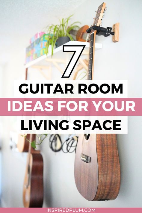 Click to find modern DIY wall mount ideas to display your guitar! We recently set up a designated music area in our living room for our guitars and are loving the results. Hanging Violin On Wall Ideas, Decorating With Guitars Living Rooms, Decorate With Guitars, Guitar Corner Ideas, Guitar In Living Room Decoration, Guitars On The Wall Decor, Diy Guitar Display Case, Hanging Musical Instruments On Wall, Ukulele Storage Ideas