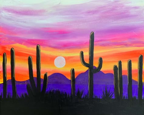 Desert Sunset Painting, Acrylic Sunset Painting, Acrylic Sunset, Desert Landscape Painting, Paint Pottery, Sunset Painting Acrylic, Paint Party Ideas, Painting Parties, Desert Scene