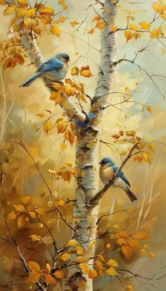 Birds In Trees Painting, Fall Aspen Trees Painting, Aspen Tree Illustration, Oilcolor Painting Idea, Watercolor Landscape Paintings Nature Beautiful, Bird Pictures Art, Autumn Illustration Fall, Birds In Autumn, Autumn Trees Painting